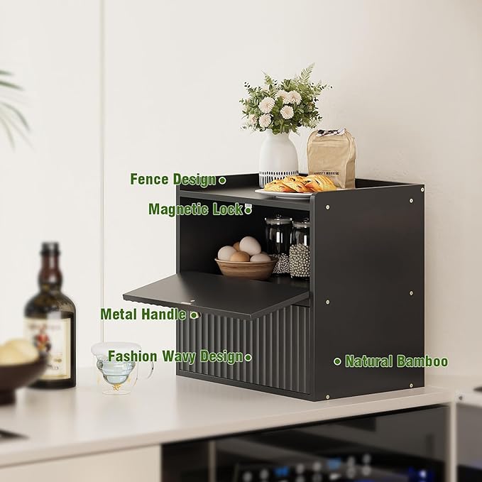 Rustic Bread Box for Kitchen Countertop Bamboo Bread Storage Container Bin Double Layer BreadBox Farmhouse Large Capacity Food Organizer Black