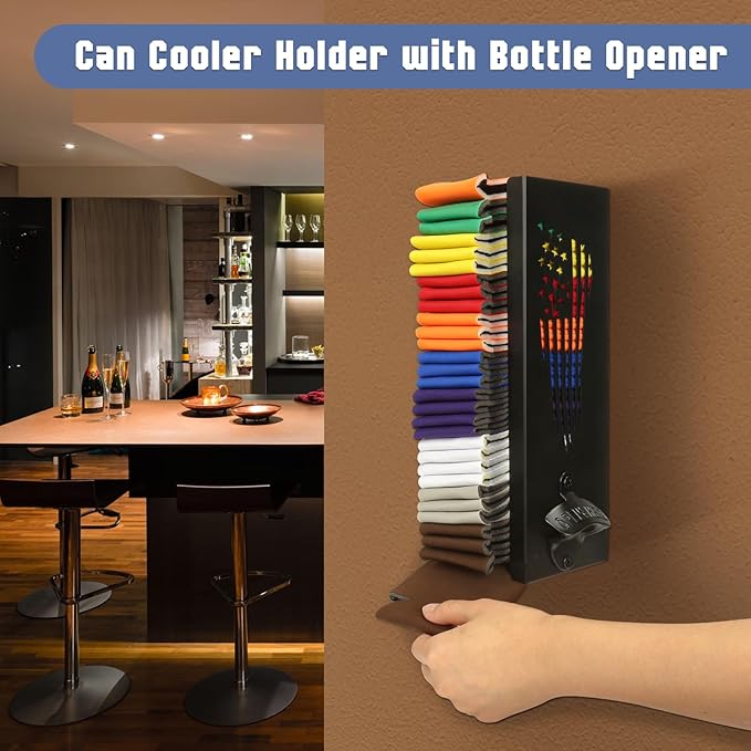 2 in 1 Can Cooler Holder with Bottle Opener, Beer Can Sleeves Storage Organizer and Dispenser for Home Family Bar, Metal, 12", Christmas Gifts for Men Dad