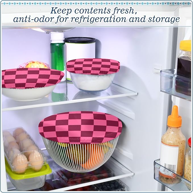 5 Pcs Bowl Covers Reusable in 5 Size Elastic Food Cover Cloth Lids Fresh Keeping Dish Cookware Bakeware Fabric Covers Lids for Food Leftovers Fruits Storage Checkered Hot Pink