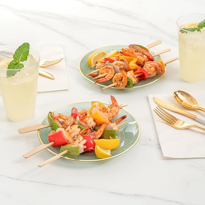 Restaurantware Plastic Plates 100 Pcs 7.25" Gold Rimmed Disposable Plates Heavy-Duty Green Translucent Rippled Plastic Dinner Servers for Party, Weddings, Salads, Desserts, and Appetizers