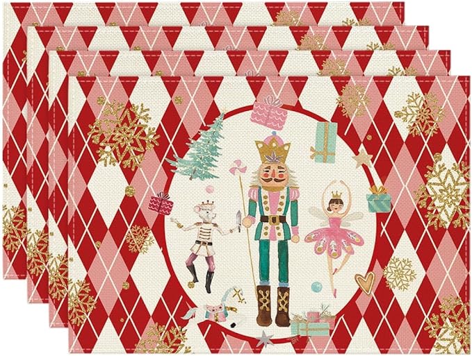 Red Diamond Plaid Nutcracker Snowflake Christmas Placemats Set of 4, 12x18 Inch
