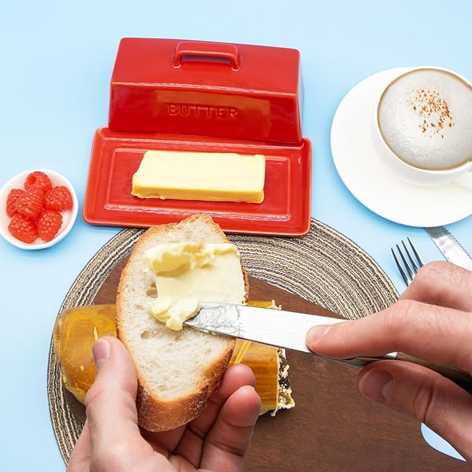 Ceramic Butter Dish With Lid for Countertop, Covered Butter Container, Large Butter Holder With Lid, Butter Tray With Handle Red