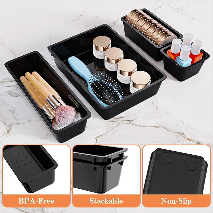 25 PCS Plastic Drawer Organizer Set, 4-Size Versatile Organizer Trays & storage Bins for Makeup, Jewelry, and Gadgets in Bathroom, Bedroom and Office, Black