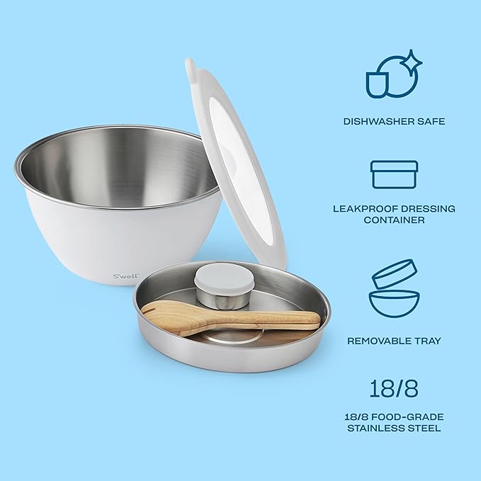 S'well Stainless Steel Salad Bowl Kit XL 184oz, Angel Food, Includes 5oz Canister For Dressing, Serving Utensils, and Removable Tray, Leakproof, Easy to Clean, Dishwasher and Refrigerator Safe