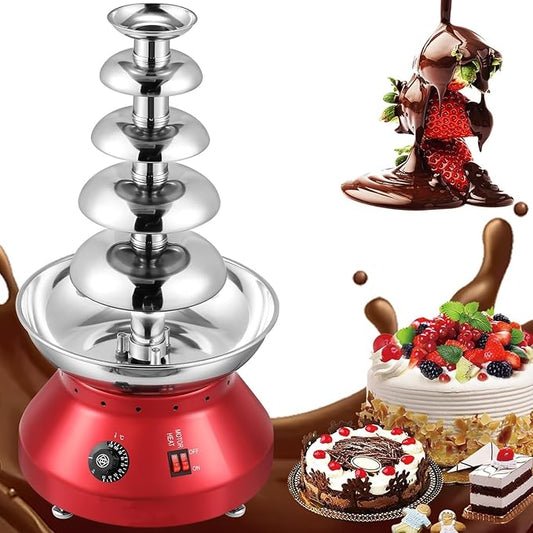 Chocolate Fondue Fountain 5 Tiers Digital Stainless Steel Electric Cheese Fountain Chocolate Dipping Warmer Chocolate Melting Heating Machine Hot Chocolate Fondue Tower (Red-5 Tiers)