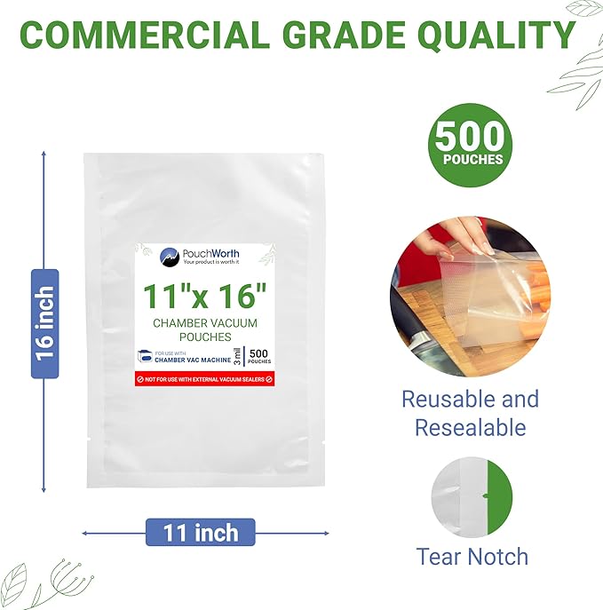 500 pcs Clear 11" x 16", 3 mil Chamber Machine Pouches, Pre-Cut Chamber Vacuum Sealer Bags, Heavy Duty Seal Pouch, BPA-Free Chamber Sealer Bags with Tear Notch
