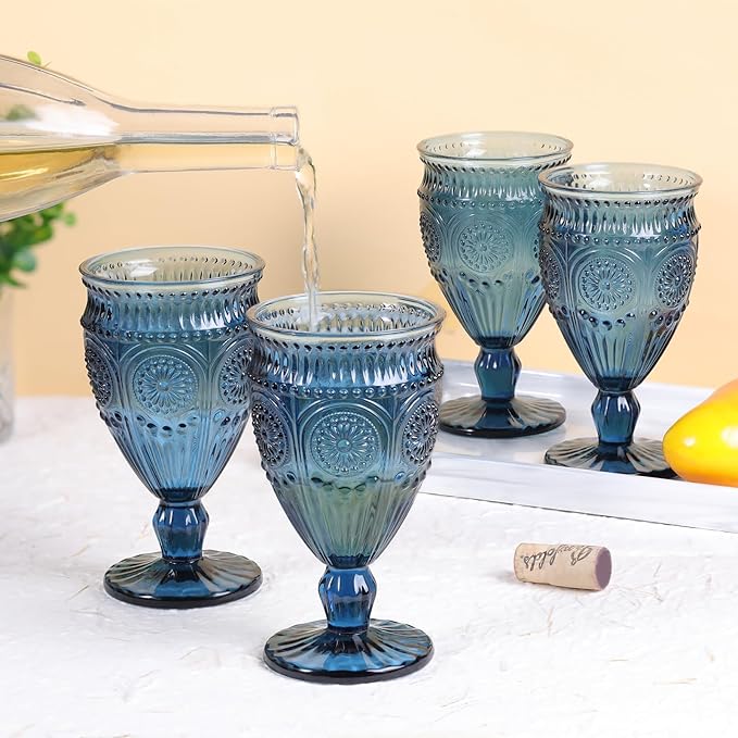 4Pcs Blue Wine Glasses, 12oz Glass Goblets, Vintage Drinking Glassware, Colored Glassware Set for Party Home Wedding Baby Shower