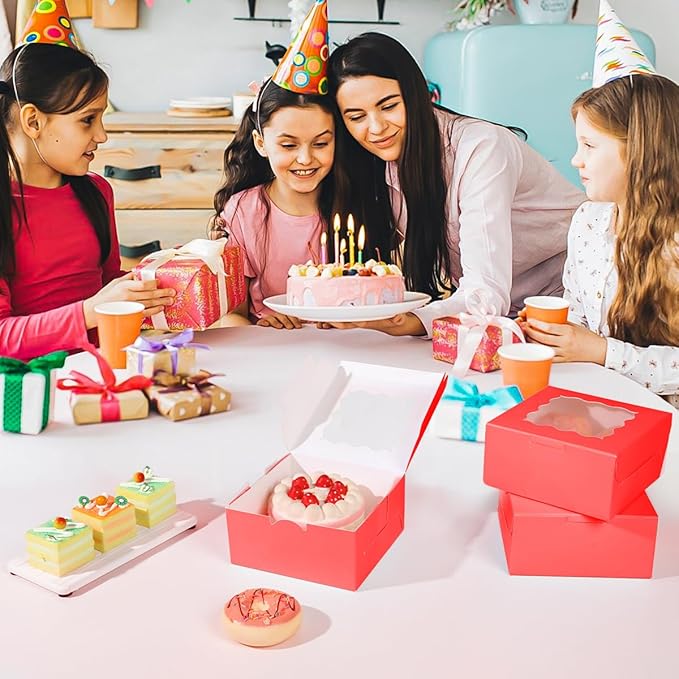 36 pcs 6x6x3 Inches Small Cake Box with Window, Bakery Pastry Cookie Boxes, Mini Pie for Pastry,Dessert,Strawberries,Chocolates, Cupcakes with paper stickers (Red)