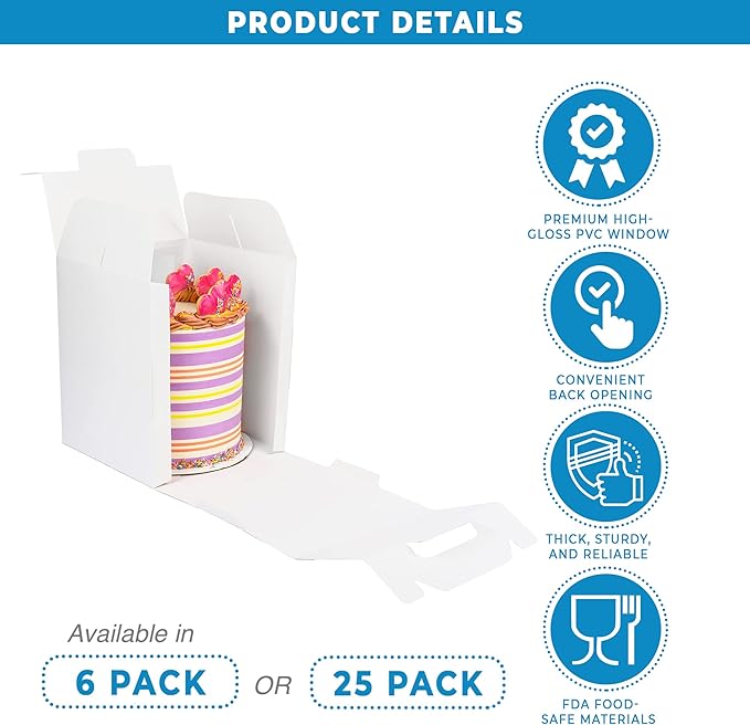 6-pack 10x10x12 inch Cake Boxes with Clear Window and Handle. Perfect as Tall Cake Carrier, Cake Transport Container, Tall Cake Boxes for Tier Cakes, Wedding Cakes, Large Cakes