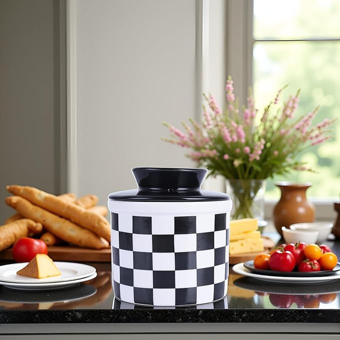 Checkered Butter Crock with Lid,Ceramic Butter Keeper for Countertop, Black And White French Butter Crock