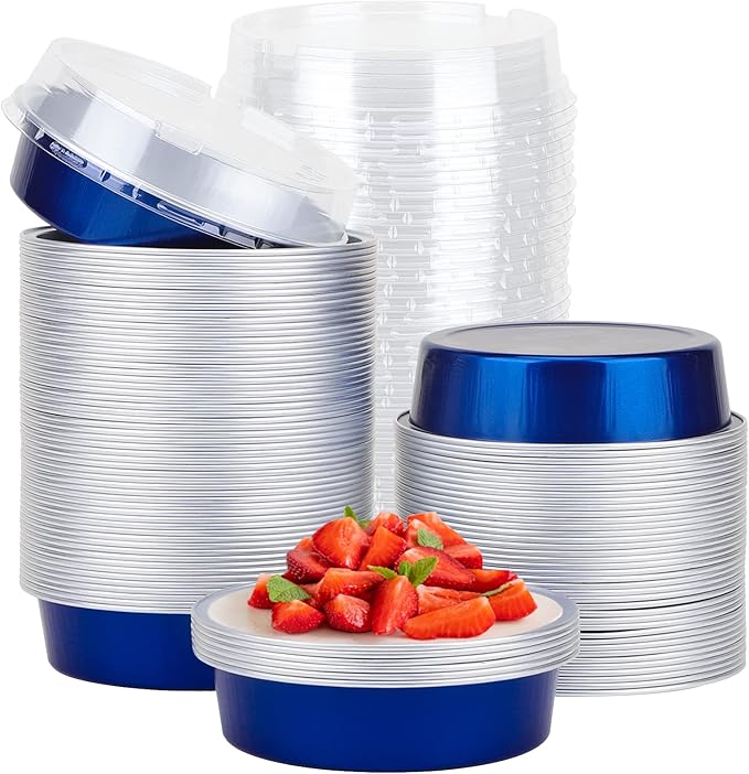 Beasea Mini Tart Pan 100 Pack with Lids, 4 Inch 8oz Blue Disposable Aluminum Baking Foil Tins Small Round Tart Container for Individual Dessert Cupcake Muffin Cheesecake Ramekins Quiche Oven Dishes