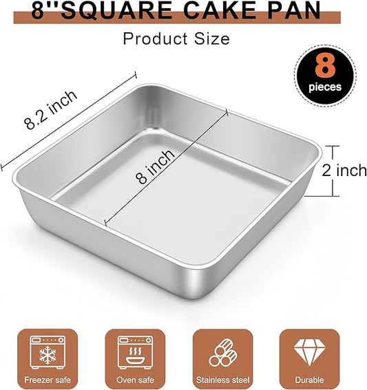 LIANYU 8 Pack 8 x 8 Inch Square Baking Cake Pan, Stainless Steel Brownie Bread Cake Molds, Square Bakeware for Lasagna Pie, Oven & Dishwasher Safe