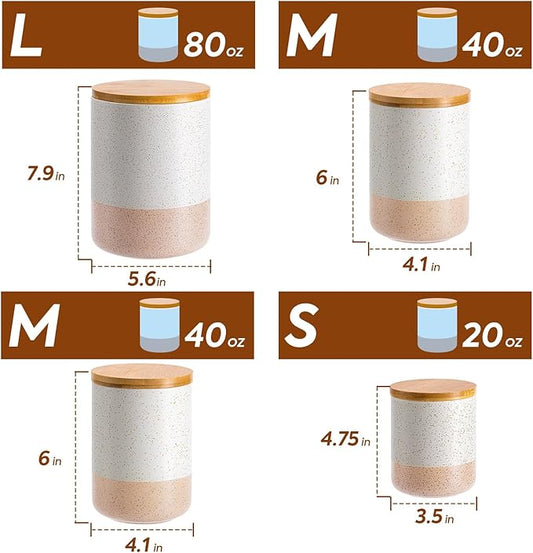 Yangbaga Canisters Sets for Kitchen Countertop-Set of 4 Ceramic Kitchen Canisters Food Storage Jar with Airtight Wood Lids & Spoons & Label,Large Flour and Sugar Containers for Serving Ground Coffee
