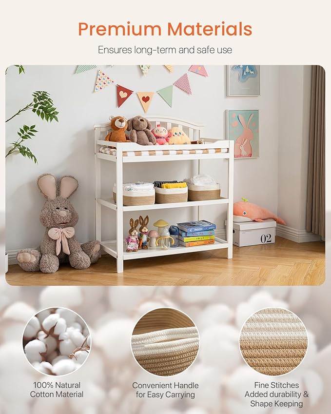 Small Woven Basket, 12 x 8 x 4.5 Inches, Storage Basket for Organizing, Cute Small Rope Shelf Closet Cube Storage Bins Baskets for Shelves, Dog Toy Gift Baskets Empty, 3 Pack White & Brown