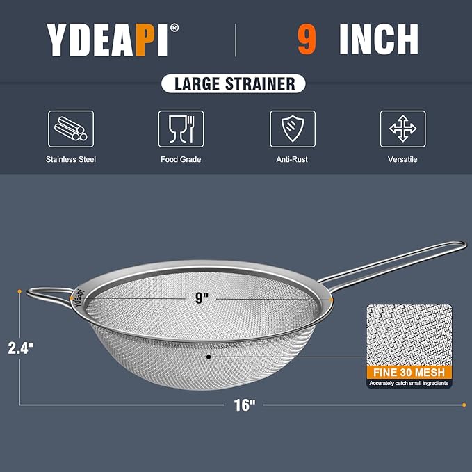 9" Large Fine Mesh Strainer with Handle, Metal Food Strainers for Kitchen, Sieve Fine Mesh Stainless Steel for Rice, Quinoa, Pasta, Noodles