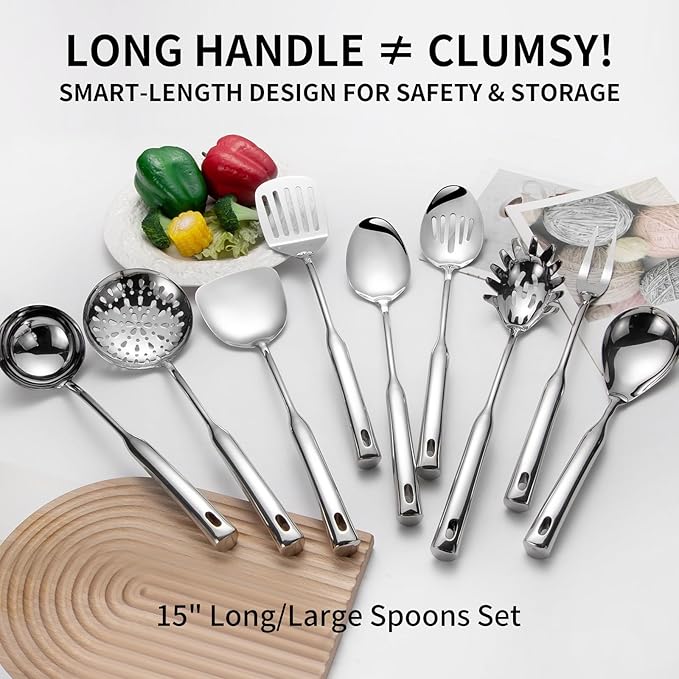 304 Stainless Steel Kitchen Cooking Utensils Set - 9 PCS Serving Utensils, Include Skimmer, Soup Ladle, Spaghetti Server, Wok Spatula, Slotted & Solid Spoon, Slotted Spatula Turner, Meat Fork (Silver）