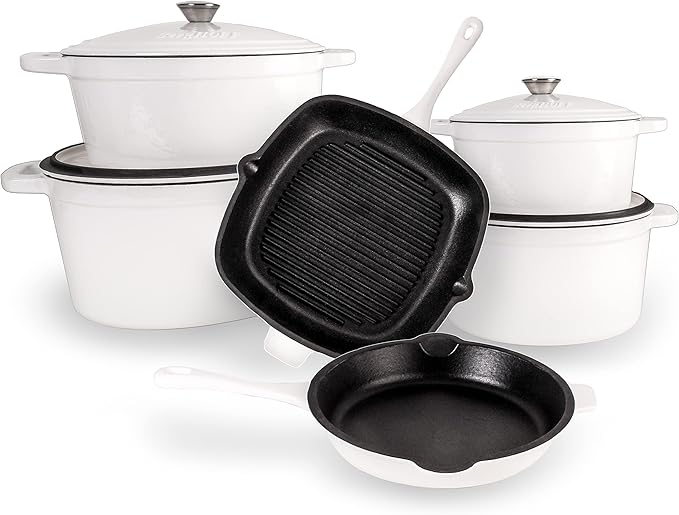 BergHOFF 10Pc Neo Enameled Cast Iron Cookware Set, Matching Lid, Oven Safe Up To 400°F, White