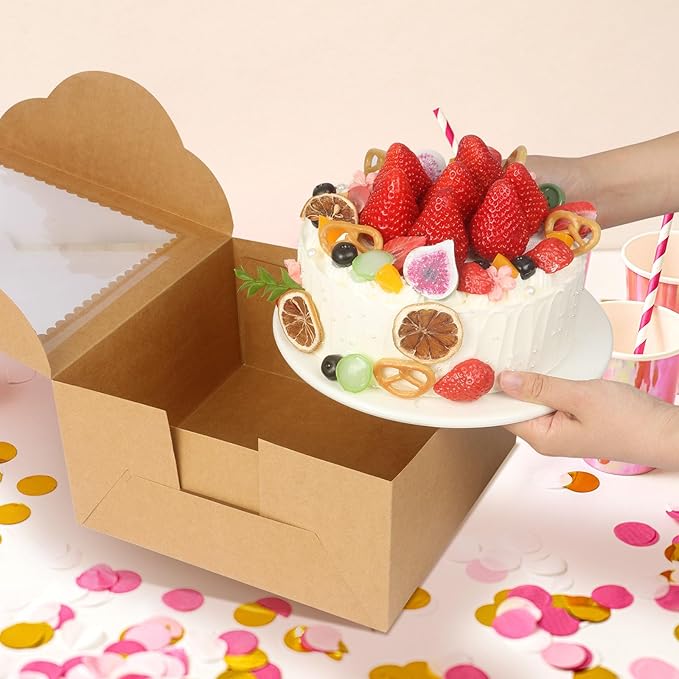 20Pcs 10 Inch Cake Boxes with Window, 10x10x5 Inches Brown Bakery Boxes, Cake Carrier Container for Pastries, Pie, Cookies, Chocolates, Cupcakes, Birthday Party, Wedding