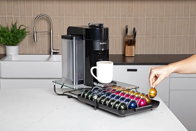 Nifty Solutions Glass Top Vertuoline Pod Capsule Drawer - Compatible with Nespresso Vetuo Pods, 40 Large or 52 Small Pod Capsule Holder
