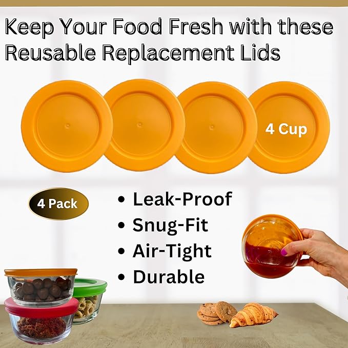 4 Cup/950 mL Orange Replacement Lids/Covers for Pyrex 7201-PC, 4 Cup/32oz Anchor Hocking & Klare Ware Storage Bowls *Lids Only* - *Glass Container Not Included* (4 Pack, Orange)