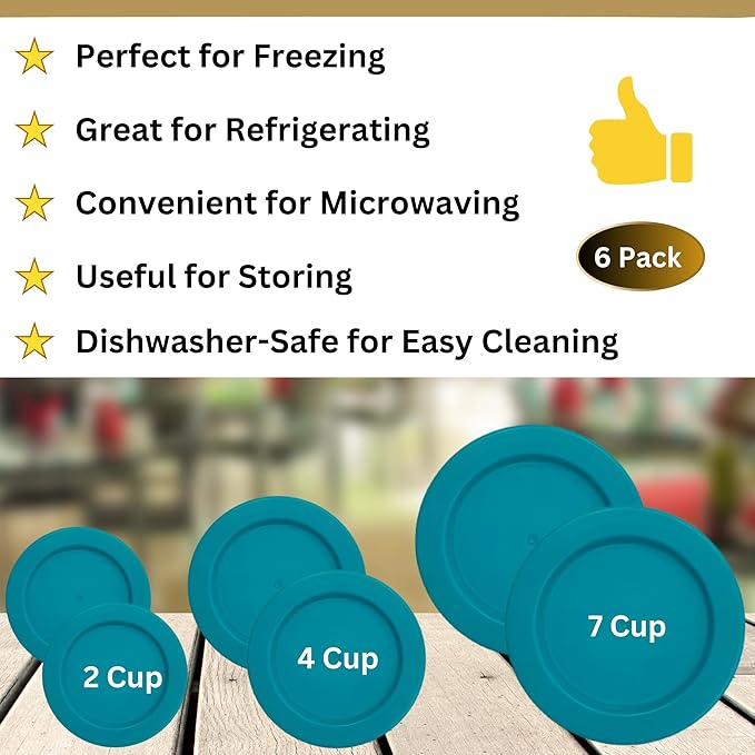 2, 4 & 7 Cup Turquoise Replacement Lids/Covers for Pyrex, Anchor Hocking & KlareWare Storage Bowls *Lids Only Glass Container Not Included* (6 Pack *Two of Each Size*)