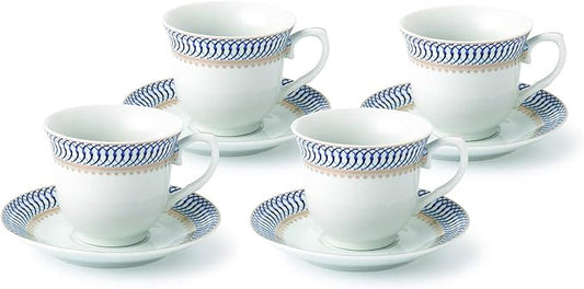 World Gifts Elegant Durable and Colorful Porcelain Tea-Coffee Cups and Saucers Set - Blue and Gold, 8 oz. Set of 4