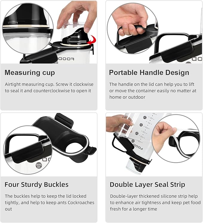 3-5Lbs Small Cat and Dog Food Storage Containers BPA Free, Airtight Pet Food Storage Containers with Large Pour Spout/1 Measuring Cup/ 4 Safety Locks and Pet Folding Bowl (Black)