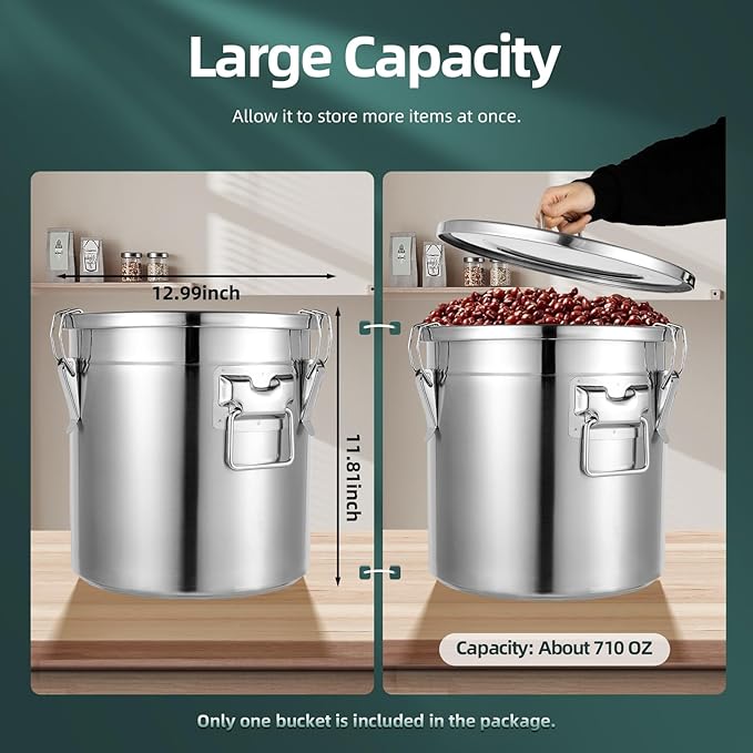 304 Stainless Steel Storage Containers with Lid, 21L/5.55gal Airtight Canister with Locking Clamps Multi-Purpose Kitchen Storager Bucket Food Jar, for Rice Cereal Flour Coffee Beans Milk (21L)