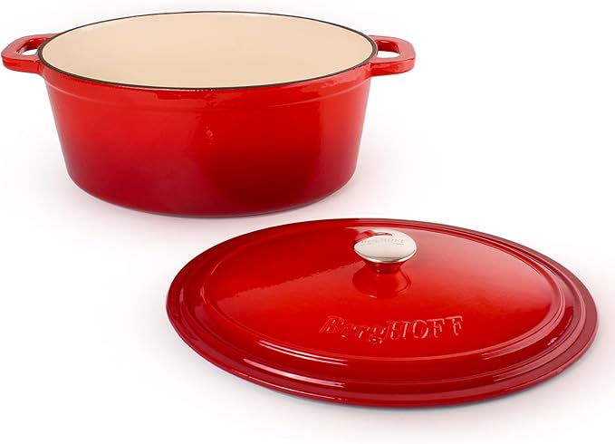 BergHOFF 10Pc Neo Enameled Cast Iron Cookware Set, Matching Lid, Oven Safe Up To 400°F, Red