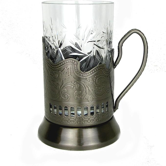 WORLD GIFTS 3 Piece Russian Tea Set Crystal Tempered Hot Tea Glasses with Metal Glass Holders Podstakannik w/Teaspoon - Vintage Design Drinkware - 1 glass, 1 holder, 1 spoon