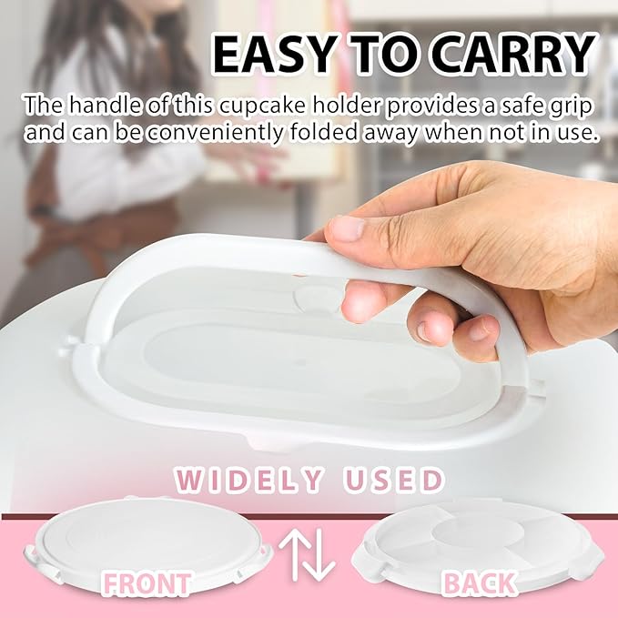 White Plastic Cake Carrier with Lid and Handle, 4 in 1 Multipurpose Cupcake Holder Stand for 11 '' Cake, Round Portable Dessert Storage Container Box with Cover for Pie Pizza Eggs Fruit Snack