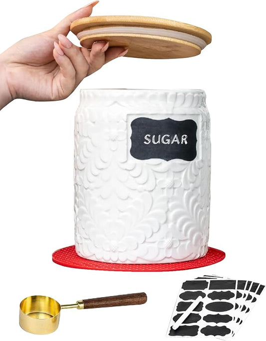 Ceramic Canister Set for the Kitchen Set of 2 94/52 Oz Food Storage Containers, Airtight Bamboo Lid, Decorative Flour Sugar Coffee Canister, Food Container for Coffee, Flour, Sugar, Cookie Jar (94Oz)
