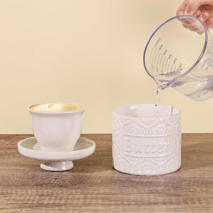 Butter Crock with Water Line, Ceramic Butter Keeper for Counter, French Butter Dish with Lid for Spreadable Fresh Butter (Vintage White)