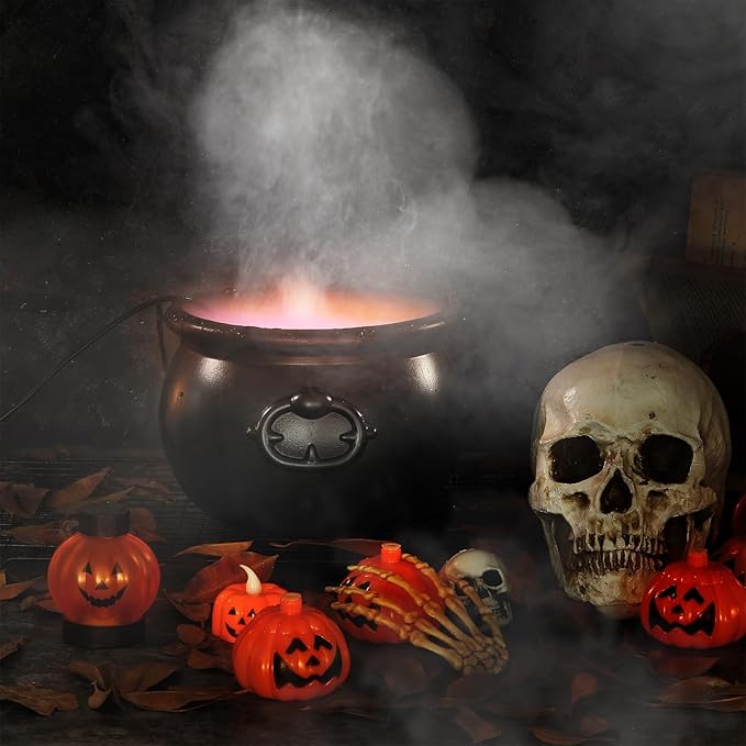 Wettarn Halloween Witches Cauldron 8 Plastic Smoking Cauldron Punch Bowl Decorations with Handle Mist Maker Fogger 12 LED Lights Fog Machine Atomizer Large Smoking Pot for Indoor Outdoor Parties
