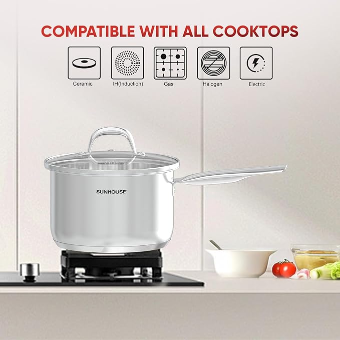 SUNHOUSE – 3 Quarts Stainless Steel Sauce Pan with Lid - PFOA-FREE, High Stainless Steel Sauce Pan, Advanced Impact Bonding Induction Base, Stay-Cool Handle, Compatible with All Cooktops