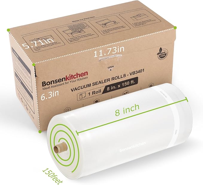 [2025 New] Bonsenkitchen 8” x 150’ Vacuum Sealer Bags Rolls with Cutter for Food Storage, Commercial Grade, BPA Free, Great for Meal Prep and Sous Vide Cooking