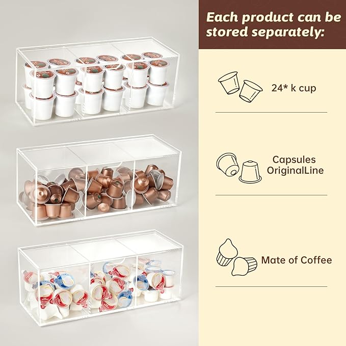 BEYGORM Acrylic Coffee Pod Holder with Lid for 24 Kcup, Clear Coffee Capsule Storage Organizer,3 Compartments Coffee Bar Station Organizer Compatible with Coffee Pod, Coffee Creamer
