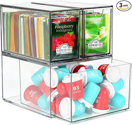 3 Tea and Coffee Organizer and Storage, Acrylic Tea Bag Holder Organizer, Plastic K Cup Drawer Container for Cabinet