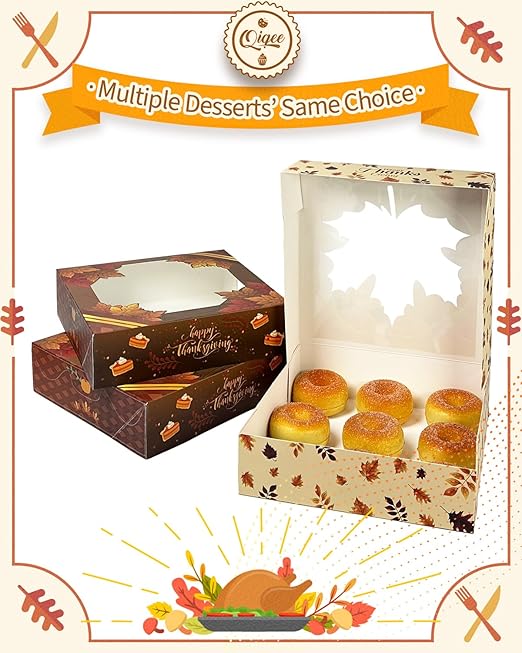 qiqee Thanksgiving Cookie Boxes with Window For Gift Giving Fall Treat Boxes 10x10x2.5 inch 30Packs Pie Donut Bakery Box