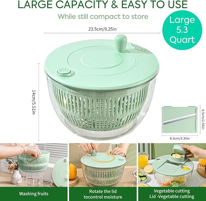 Large Salad Spinner and Slicer - 5.3 Qt, Grater with Container and Lid & Kitchen Gadget set, Vegetable Dryer Grater, with Fruits Wash Bowl, with Slicer and Shredder (Light Green)