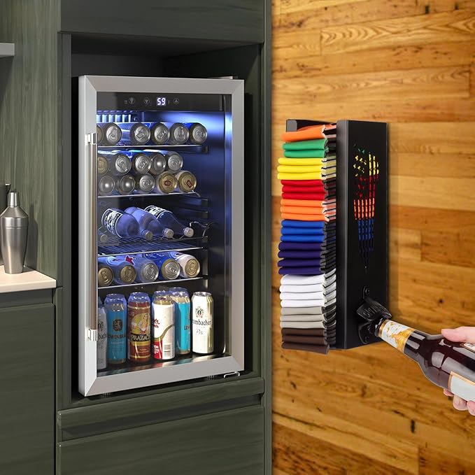 2 in 1 Can Cooler Holder with Bottle Opener, Beer Can Sleeves Storage Organizer and Dispenser for Home Family Bar, Metal, 12", Christmas Gifts for Men Dad