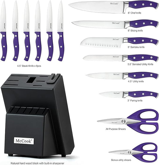 McCook MC27 14 Pieces Stainless Steel kitchen knife set with Wooden Block, Kitchen Scissors and Built-in Sharpener, Purple