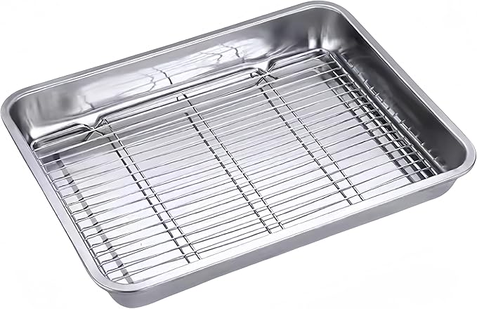 Roasting Pan Heavy Duty Stainless steel Turkey Pans for Oven,Toaster Oven Tray Pans with cooling rack,Hotel Pan, Barbeque Grill Pan,Deep Edge,Mirror treatment, Dishwasher Safe (17.5"x13.6"x2.8")