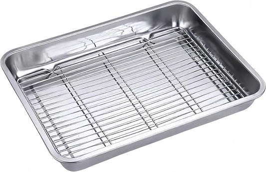 Roasting Pan Heavy Duty Stainless steel Turkey Pans for Oven,Toaster Oven Tray Pans with cooling rack,Hotel Pan, Barbeque Grill Pan,Deep Edge,Mirror treatment, Dishwasher Safe (17.5"x13.6"x2.8")