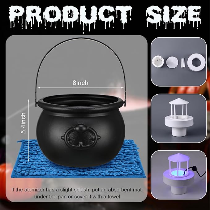 Wettarn Halloween Witches Cauldron 8 Plastic Smoking Cauldron Punch Bowl Decorations with Handle Mist Maker Fogger 12 LED Lights Fog Machine Atomizer Large Smoking Pot for Indoor Outdoor Parties