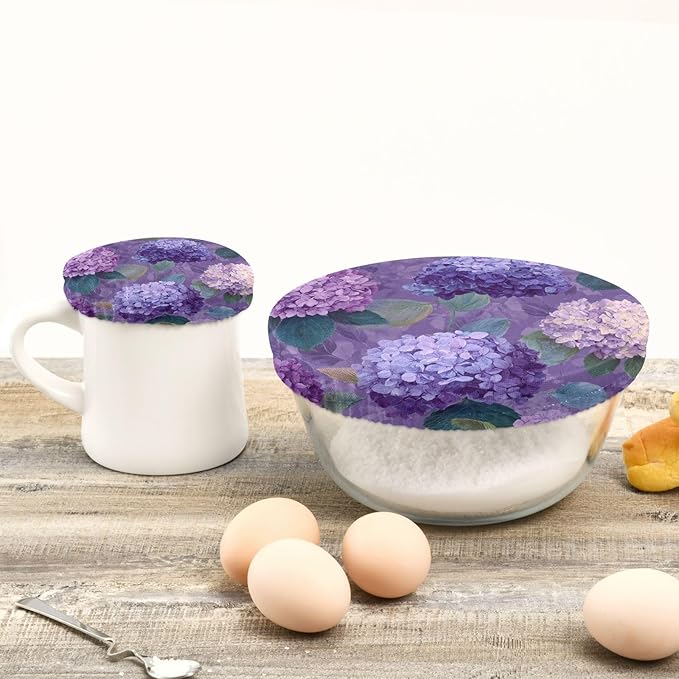 5 Pcs Bowl Covers Reusable in 5 Size Elastic Food Cover Cloth Lids Fresh Keeping Dish Cookware Bakeware Fabric Covers Lids for Food Leftovers Fruits Storage Purple Cute Hydrangeas