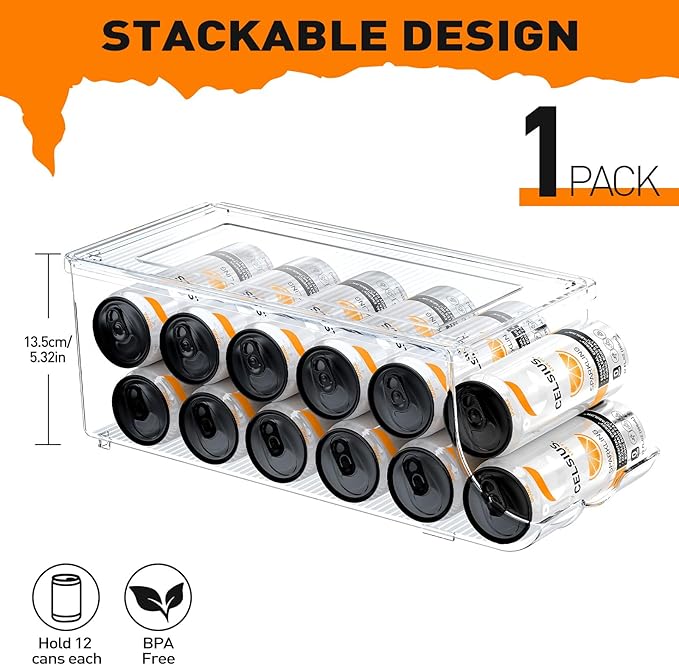 Skinny Can Organizer for Refrigerator, Stackable Tall Skinny Soda Pop Can Holder Dispenser with Lid for Fridge Pantry Rack Freezer, Clear Plastic Storage Bins-Holds 12 Slim Cans (See-through)