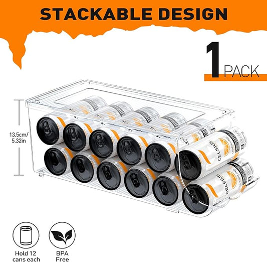 Skinny Can Organizer for Refrigerator, Stackable Tall Skinny Soda Pop Can Holder Dispenser with Lid for Fridge Pantry Rack Freezer, Clear Plastic Storage Bins-Holds 12 Slim Cans (See-through)