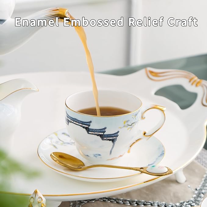 Vintage Tea Cup and Saucer Set, Bone China Cup with Gold Trim, Ceramic Coffee Cup with Saucer and Spoon, Dishwasher Safe, Food Grade Chinese Style Cup for Tea Party, Gifts Giving, 6.8 oz