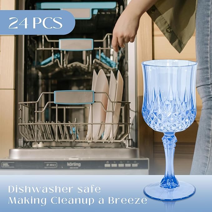 12 PCS Blue Plastic Wine Glasses Vintage Goblet, Reusable Drinkware Vintage, Plastic Blue Wine Glasses for Baby Shower Wedding Reception Grand Event Party, 7 OZ
